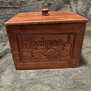 Wooden Recipe Box in Brown with Carved Design